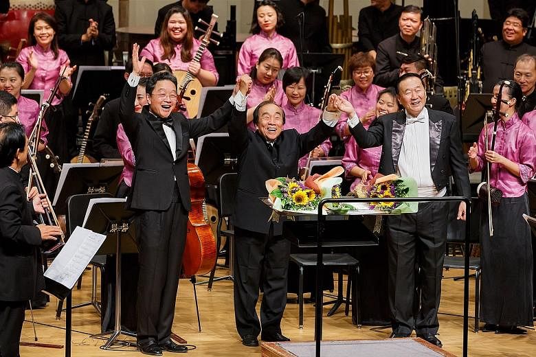 Maestros (above from far left) Yeh Tsung, Choo Hoey and Hu Bing Xu at a concert to mark the Singapore Chinese Orchestra's 20th anniversary.