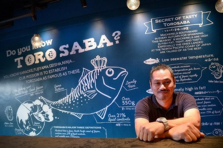 Sabar's managing director Okada Ryo plans to open three more outlets here for the brand which specialises in saba or mackerel (far right).