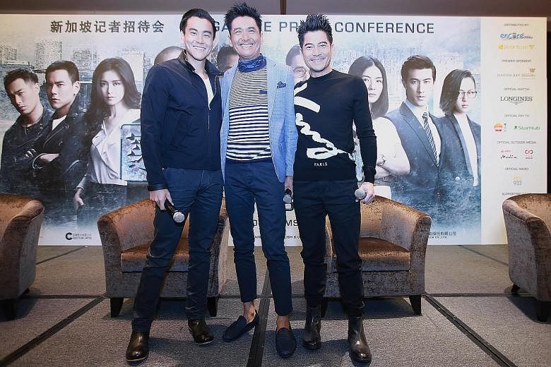 Actors of Cold War 2 (from far left) Eddie Peng, Chow Yun Fat and Aaron Kwok at the press conference on Tuesday.