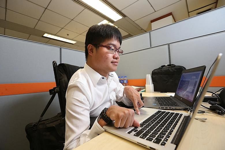 SMU economics student Alister Ong, 22, has cerebral palsy and uses a motorised wheelchair. He is an intern at the Ministry of National Development. He says his work experience has given him confidence and an idea of what to expect from working life.