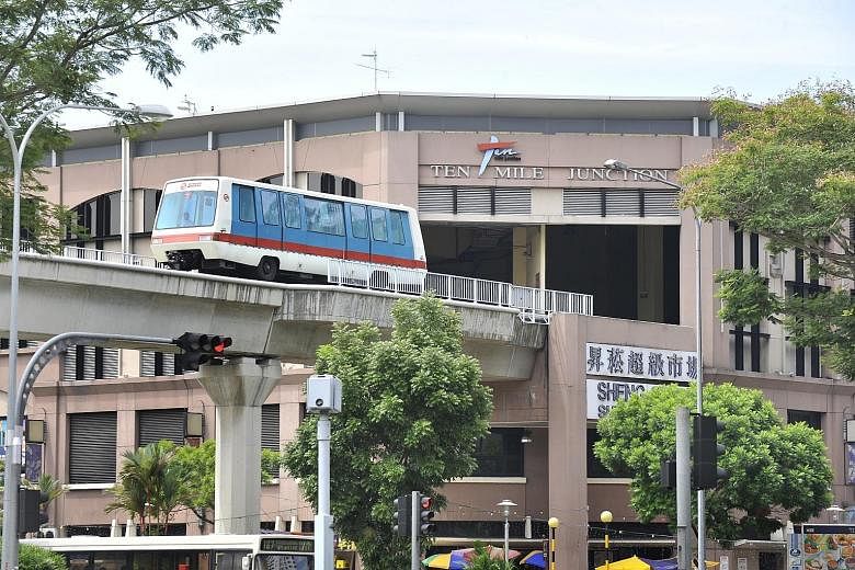 A train at Ten Mile Junction on the Bukit Panjang LRT line. The entire first batch of 19 US-made Bombardier trains, which arrived in 1999, developed cracks during their service here.