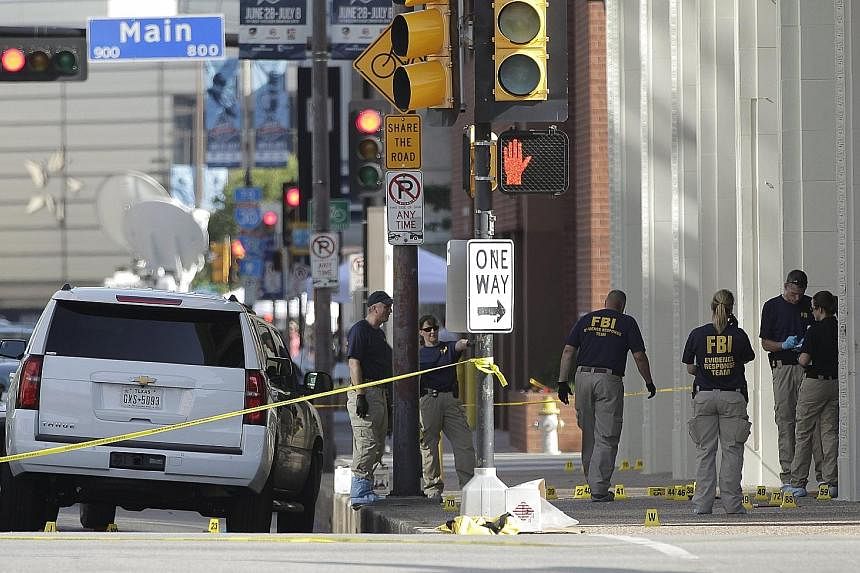FBI investigators searching the scene (right), where 12 police officers were shot in Dallas, Texas. The gunman was 25-year-old Micah Johnson (left), a US Army veteran who is believed to have been angry about the recent police shootings of black men.