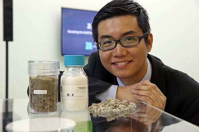 Dr Sun's company, Zerowaste Asia, has developed a chemical (centre) that can remove heavy metal contaminants from raw waste (left), before turning the waste into granules (right) that can be used in land reclamation.