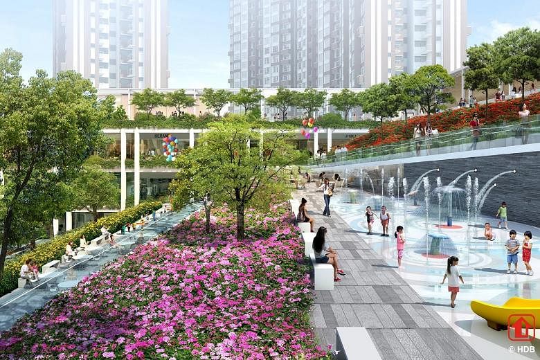 KAMPUNG ADMIRALTY The upcoming integrated development by HDB (above) incorporates rain gardens and other features in a tiered design that helps to retain and treat more than 30 per cent of the site area's rainwater runoff. OASIS TERRACES The upcoming
