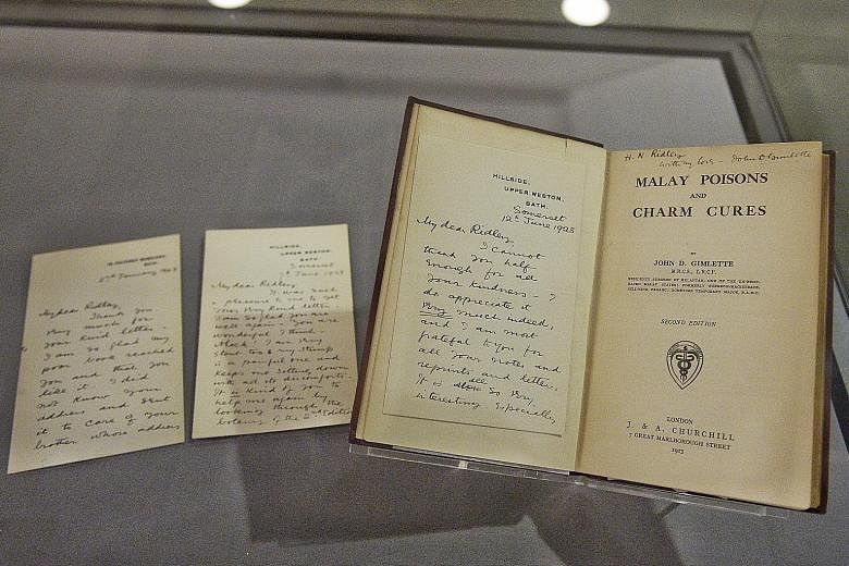 Items displayed during a media preview of the Rare Gallery yesterday included a 1923 text by Dr John Gimlette titled Malay Poisons And Charm Cures (above) and a bust of Raffles alongside letters he wrote to his cousin describing how well Singapore wa