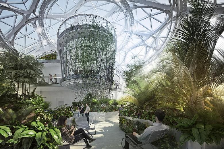 A rendering of the interior (above) of the spheres (left) in Amazon's upcoming complex in Seattle.