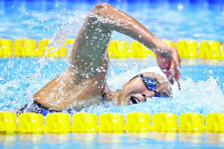 Quah Ting Wen setting a new national record of 55.52sec in the 100m freestyle in March's National Age Group Championships. Training overseas for most of the past eight months has paid off with her gaining an Olympic spot.