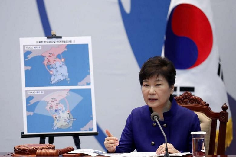 Ms Park at a meeting of the National Security Council in Seoul on Thursday which discussed follow-up measures to the recent decision to deploy the THAAD system in Seongju. 