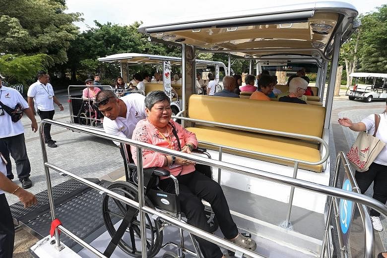 Wheelchair users such as Ms Lim can now see more of Gardens by the Bay with its eight new passenger shuttles, which are equipped with ramps and spaces for wheelchairs. Previously, only two of the Garden's 10 shuttles had wheelchair spaces.