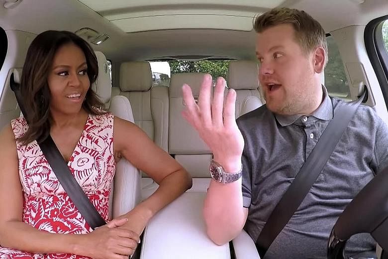 Mrs Obama and Mr Corden sang hits from Stevie Wonder and Beyonce during the "Carpool Karaoke" segment of the Late Late Show, and also talked about life after the White House and her global girls' education campaign.