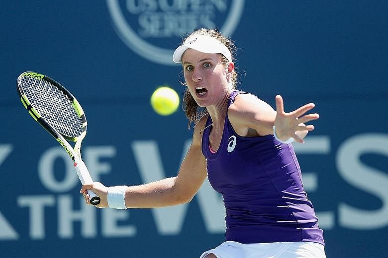 Britain's Johanna Konta, the world No. 18, hitting a forehand during her 7-5, 5-7, 6-2 victory against Venus Williams in the final of the WTA hardcourt tournament in Stanford, California on Sunday.