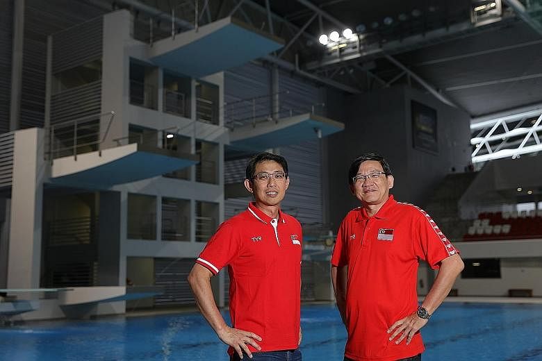 Top: William Lee (left) and Steve Chew (right) both started officiating at diving and synchronised swimming competitions respectively about seven years ago because their children were involved in those sports. Above: Singapore will be represented in 