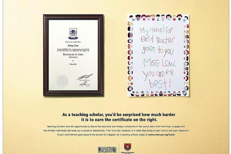 The winning campaign for MOE by the Up & Up advertising agency juxtaposes a teacher's degree with a pupil's handmade "award" certificate.