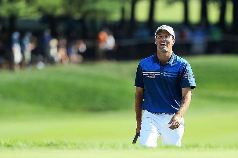 Robert Streb showing his elation on the 18th hole on Friday, after the unheralded American's seven-under 63 put him in the record books and gave him a share of the PGA Championship lead with compatriot Jimmy Walker at nine-under 131 after 36 holes.