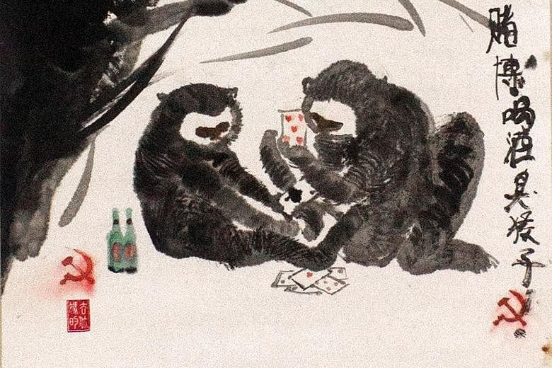 Gibbons are depicted engaging in vice in Gambling I, (left), 2014.