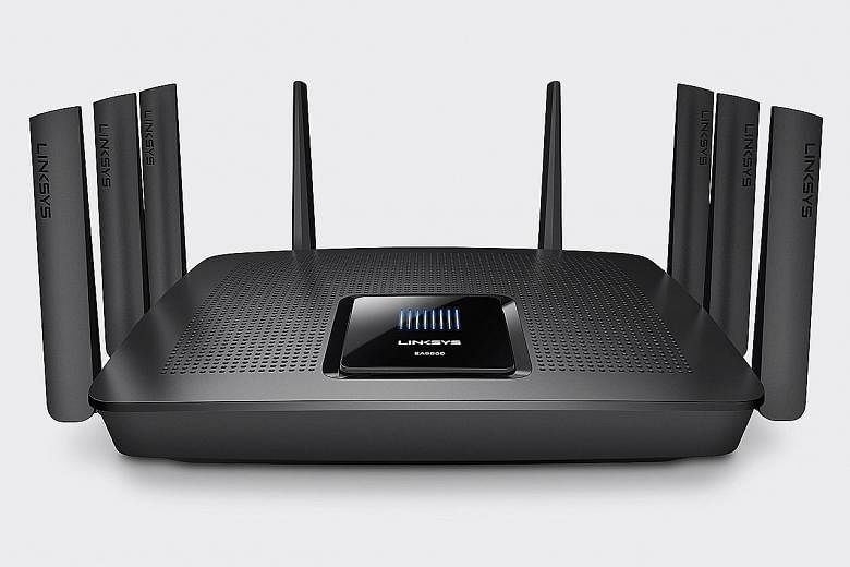 The Linksys EA9500 is a tri-band router that offers two 5GHz wireless bands and one 2.4GHz band.