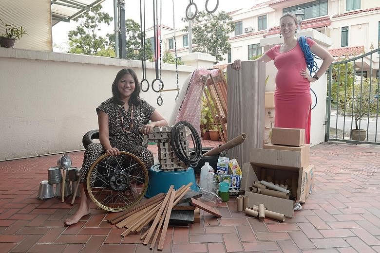 Chapter Zero Singapore co-founders Shumei Winstanley (left) and Kasia Poleszak- Langner with materials that will be found at the playground tomorrow.