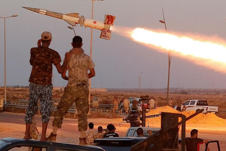 A rocket fired by Libyan forces allied with the United Nations-backed government against ISIS militants in Sirte in Libya on Thursday.