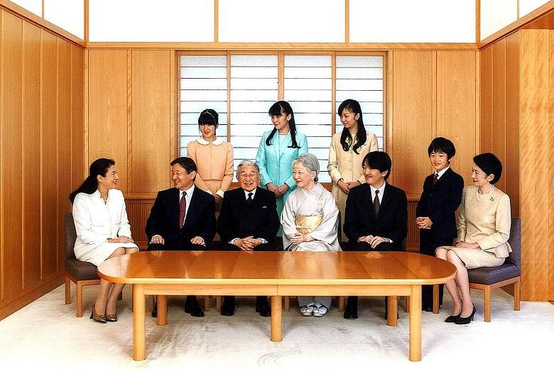 Japanese Emperor Akihito (front row, third from left) and Empress Michiko (front row, fourth from left) with their family members (front row, from far left) Crown Princess Masako, Crown Prince Naruhito and his brother Prince Akishino, Prince Hisahito