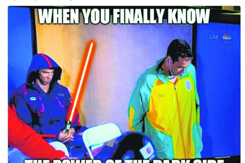 Michael Phelps' focus on winning was caught on camera on Monday before his 200m butterfly semi-final race (top). The American's facial expression was an instant hit on the Internet, with some fans producing memes that likened his intense stare to tha