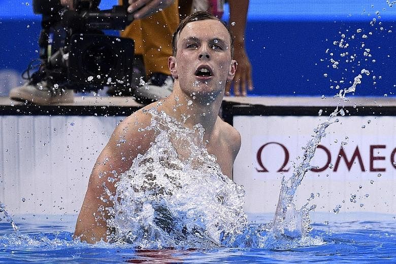 Australian Kyle Chalmers celebrating after winning the 100m freestyle ahead of more illustrious rivals such as defending champion Nathan Adrian and countryman Cameron McEvoy.
