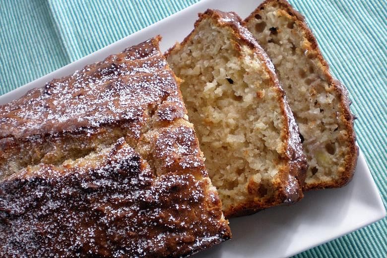 The shredded coconut and banana loaf (above) can be eaten any time.