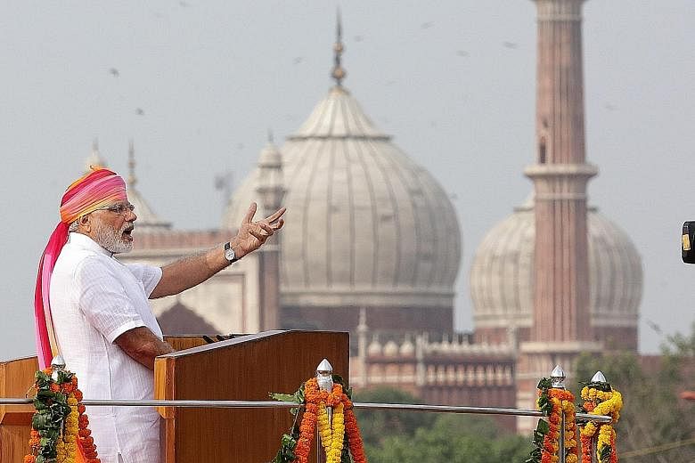 Prime Minister Modi giving his Independence Day address from the Red Fort in New Delhi yesterday. In a 94-minute speech, he blasted supporters of terrorism and highlighted what he said were his government's achievements in improving the lot of ordina