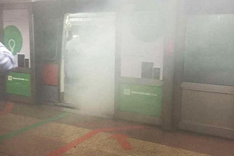 A video screengrab showing what appeared to be a smoke-filled train at Tanjong Pagar station on Monday. Investigations suggest the train's air-con compressor became overheated after an oil leak, resulting in the gas leak.