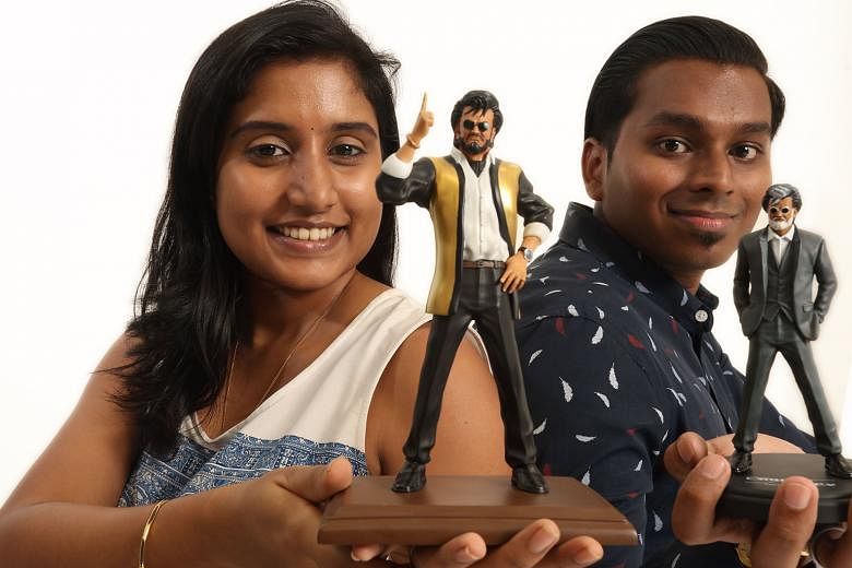 Ms Dhivya Subramaniam and Mr Suraen Ramadass of Carbon Copy Collectibles with two of the local company's creations - the Manik Baasha figurine and the Kabali figurine, respectively. 