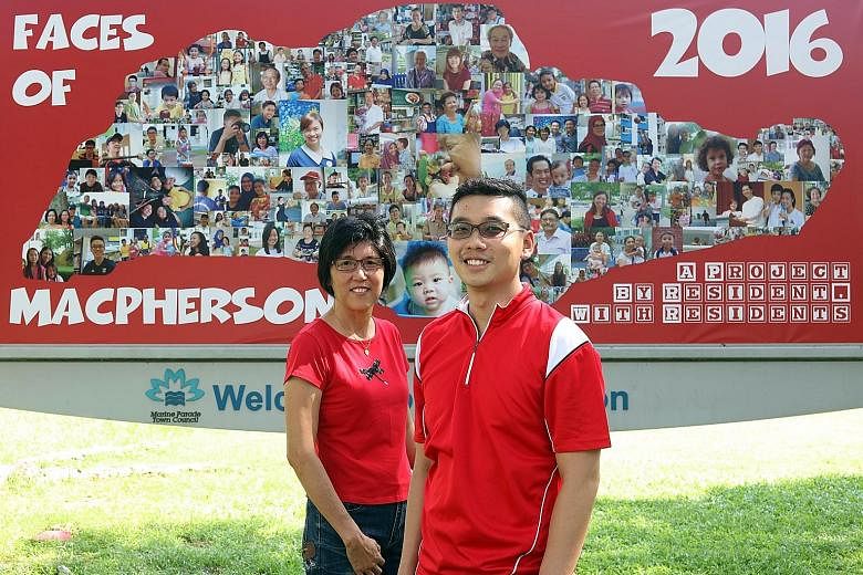 MacPherson residents Madam Tan and Mr Chan before the "Faces of MacPherson" billboard in Geylang East Central Road, a montage of photos taken by Mr Chan and six other photographers. The project was started in February and officially launched on July 