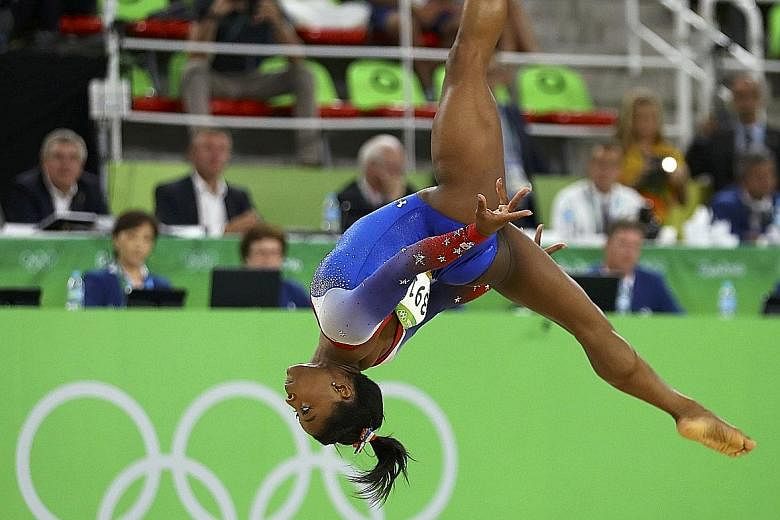 Simone Biles of the United States during Tuesday's floor exercise final, in which she scored 15.966 to win her fourth gold in a five-medal haul in Rio. She is the first woman to win four gymnastics golds in a single Olympic Games since Romania's Ecat