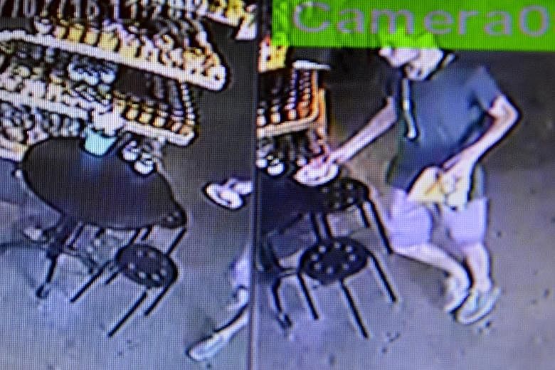 Above: David James Roach is being held at Bangkok's immigration detention centre. Left: A man resembling Roach seen in surveillance camera footage at a nearby cafe soon after the robbery on July 7.