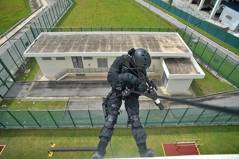 Mock-ups of actual prison housing units allow training to be carried out more realistically. Officers are trained in skills including rappelling.