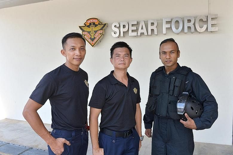 (From left) Assistant Superintendent Rohaizad Mohamed Athmad, Superintendent Ang Kien Tiong and Staff Sergeant Mohamed Hafiz Noor Mohamed at the Spear base.