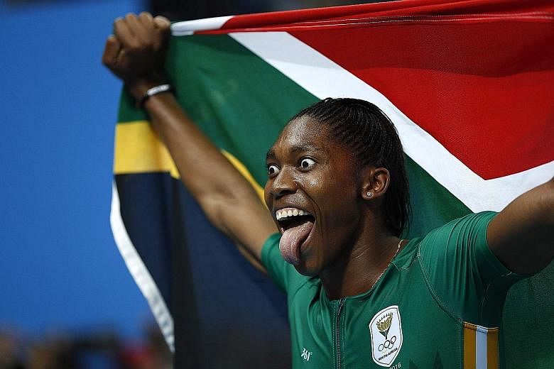 South Africa's Caster Semenya celebrates winning the 800m final. The second-placed Burundian and third-placed Kenyan also have naturally high testosterone levels.