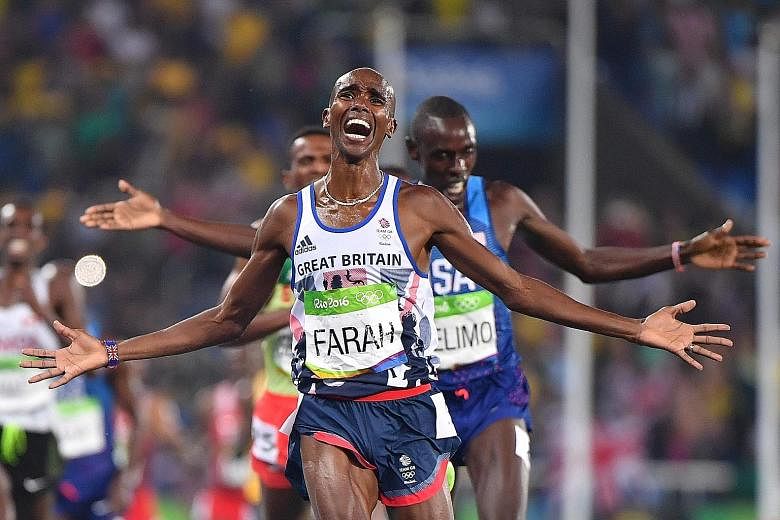 Britain's Mo Farah celebrating as he crossed the finish line to retain the 5,000m gold he won in London four years ago.