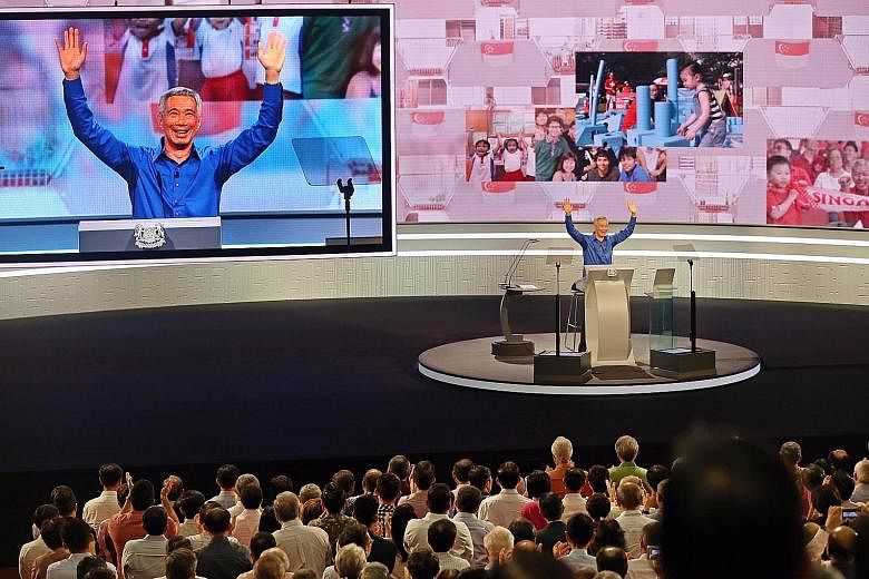PM Lee acknowledging the standing ovation from the audience after delivering the National Day Rally speech at the Institute of Technical Education College Central.