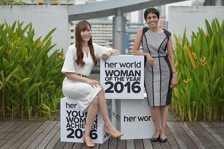 Dr Sudha Nair, 58, who helped countless victims of spousal abuse, won the Her World Woman of the Year award; and Ms Jenny Tay, 30, who modernised the traditional set-up of wakes by improving the aesthetics of their venues, bagged the Her World Young 