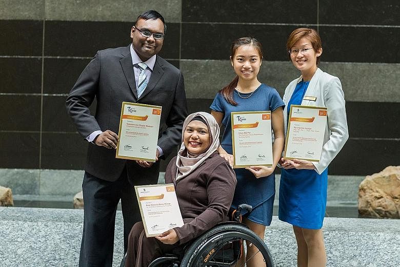 Recipients at the Intermediate and Long-Term Care Manpower Development Awards event included (from left) Mr Ganesan Chupar Maniam, Ms Noor Kesuma Manap, Ms Chan Mei Fei and Ms Jocelyn Ng.