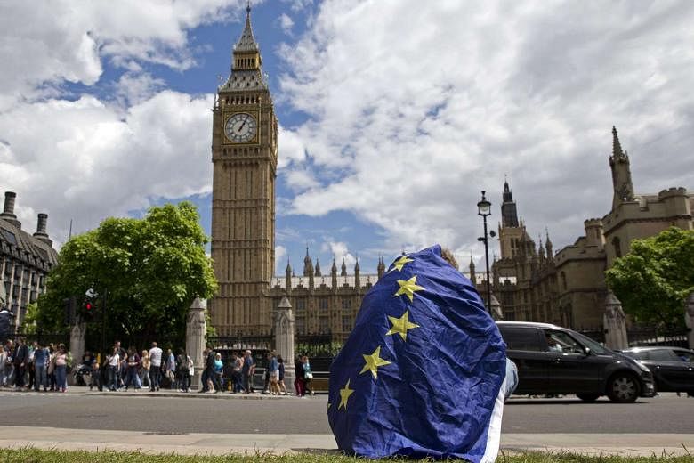 A demonstrator draped in an EU flag protesting in London against the outcome of the UK's referendum two days after the June 23 vote. Brexit has become a major cause of concern over the world economy's future.