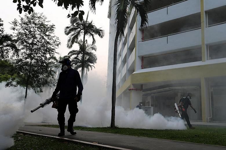 Fogging being done in Aljunied Crescent yesterday. Of the 41 people here infected with the Zika virus, 34 have fully recovered. The other seven, who still show symptoms and are potentially infectious, are recovering in hospital. All of them either li
