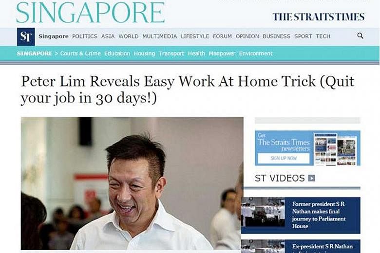 A screengrab from a get-rich-quick website (left) claiming to be linked to businessman Peter Lim. One of the sites (right) masqueraded as a page on The Straits Times website. In a statement to The Straits Times, Mr Lim said he was concerned that the 