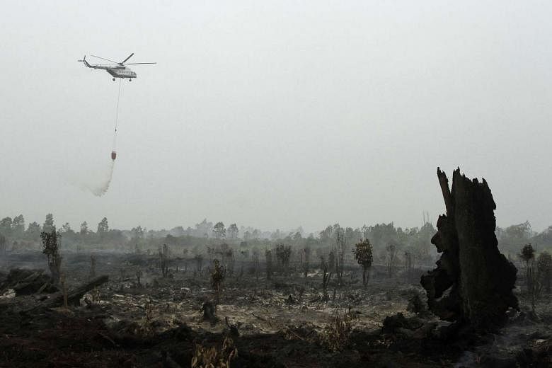 A helicopter from Indonesia's National Disaster Mitigation Agency dousing fires in Kampar in Riau province on Monday. Several areas in Riau were hit by severe air pollution in recent days, prompting some schools to suspend classes since Monday. 