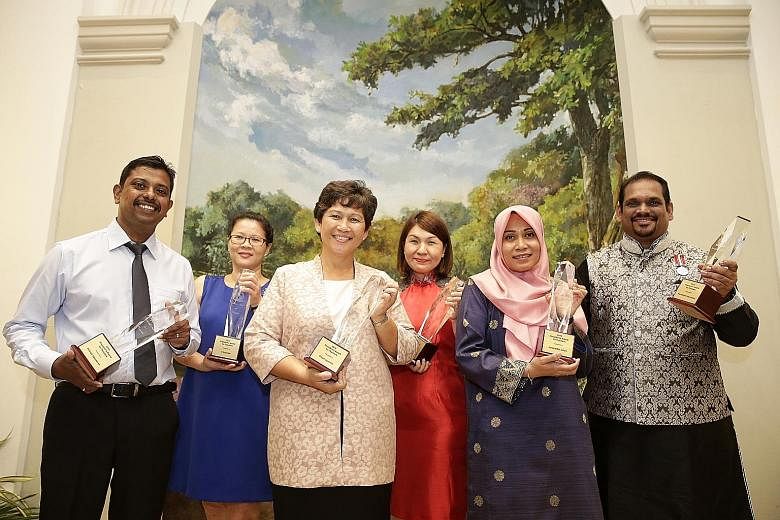 For their outstanding teaching and dedication to their students, six teachers received the President's Award for Teachers (PAT) from President Tony Tan Keng Yam at the Istana yesterday. They are (from far left): Mr Anil Vasudevan of Marsiling Seconda