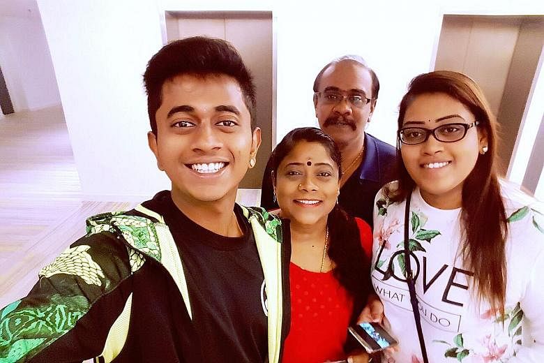 Above: The tour bus overturned on the Karak-KL highway while returning to Singapore from Genting Highlands on Wednesday. From left: Mr Navindran Manokaran, his mother, Madam Muniandy Barvathi, his father R. Manokaran and sister M. Priyatharsini.