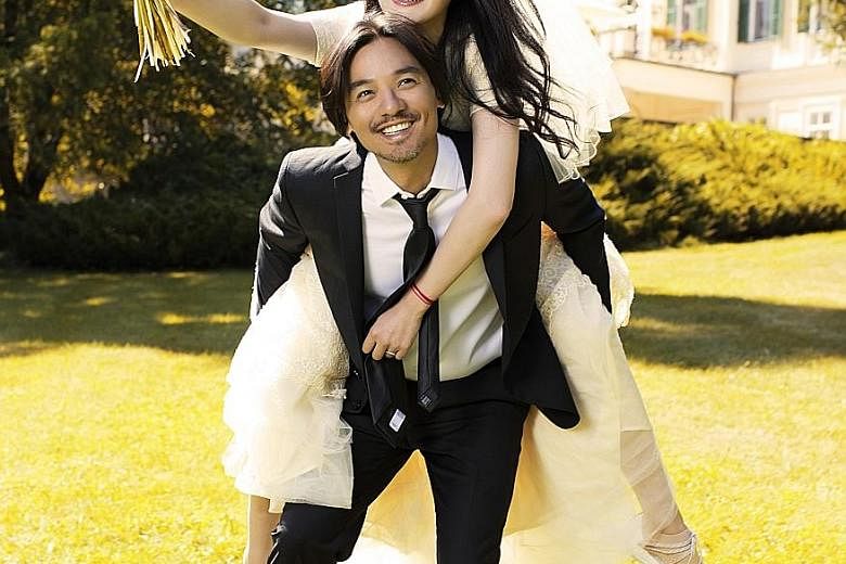 Bridal shots of actress Shu Qi and director Stephen Fung (above).