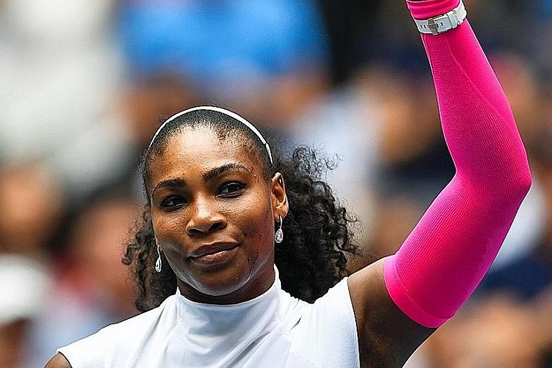 The pink sleeves on Serena Williams' new outfit are intended to evoke power and strength, as she strolled into the last 16 of the US Open with a 6-2, 6-1 demolition of Sweden's Johanna Larsson.
