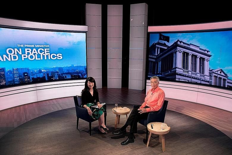 PM Lee with Mediacorp's Debra Soon at the TV recording for The Prime Minister On Race And Politics, which was broadcast last night. He says that although all voters say they will vote for the best candidate, "that definition differs depending on whic