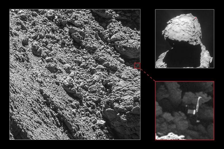Images taken from the Rosetta spacecraft showing Philae wedged into a dark crack on the comet, with one of its three legs thrust into the air. The solar-powered space probe was stuck in a spot shadowed from the Sun's rays.