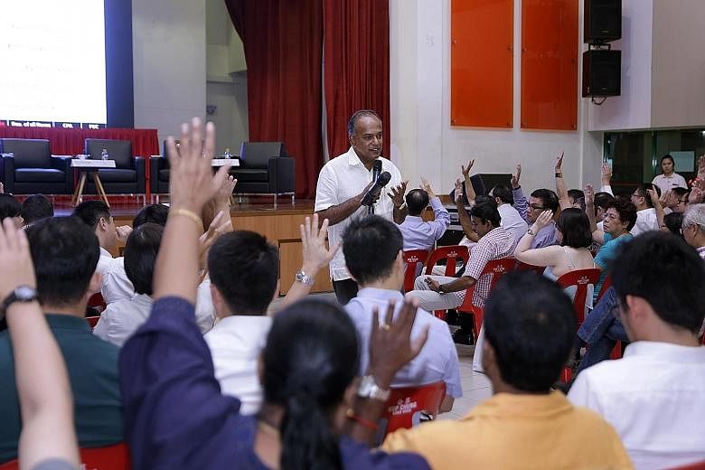 Law Minister K. Shanmugam speaking at a dialogue on proposed changes to the elected presidency with 600 grassroots leaders from the North West District yesterday. He pointed out that the Constitutional Commission had also acknowledged that the head o